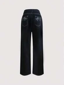 Women's Flame Embroidered Loose Straight Leg Denim Jeans - Black - View 7