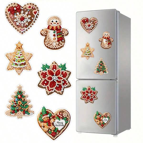 6 piezas Imanes de nevera de pintura de diamantes - Muñeco de nieve, árbol de Navidad, flor de mandala, elementos navideños, kit de pintura de diamantes DIY, efecto de diamante asimétrico brillante, ideal para decoración del hogar y regalos de Navidad