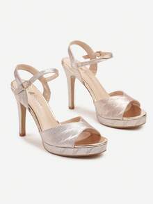 Platform High Heel Sandals With Abstract Pattern - Champagne - View 5