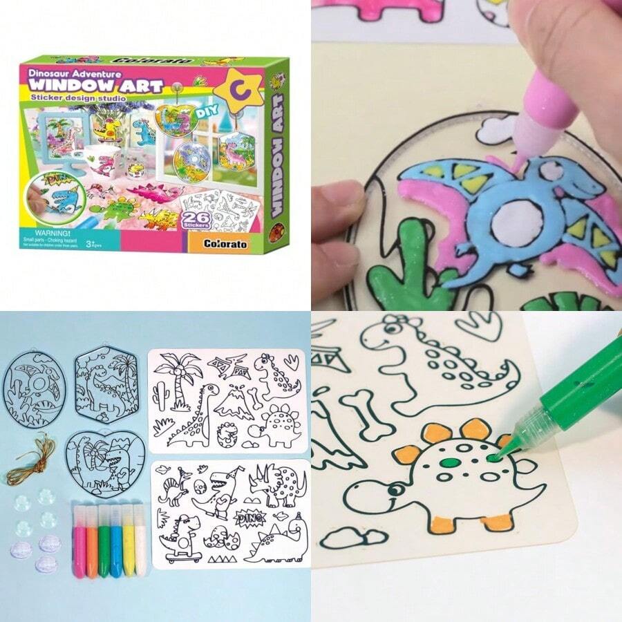 DIY Window Paint Art And Crafts Boys And Girls Drawing Jewelry Toys Making Kit Set Colored Sparking Plactic Glitter Charms Bracelet Accessories Inspired Gifts Pack Ideal Creative Activity Gift Easter Christmas Birthday Family Night Dinosaur Adventure Window Art