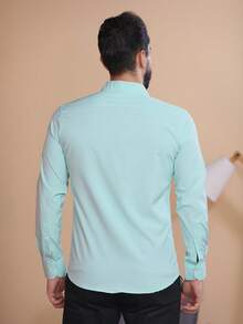 Men's Long Sleeve Dress Shirt, Plain With Elastane, Body Fabric, 90% Polyester, 10% Non-Greasy, Easy To Iron - 薄荷綠 - 查看 2