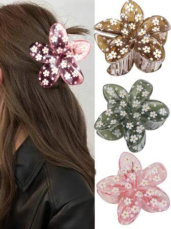 1pc Autumn/Winter Fashion Women Flower Hair Clip, Cute Daisy Flower Hair Clip, Retro Leopard Print Flower Hair Claw Clip, Brown/Pink/Black/Daisy Print Flower Hair Clip Set, Colorful Non-Slip Strong Hold Hair Clip, Women Fine Hair Styling Accessory