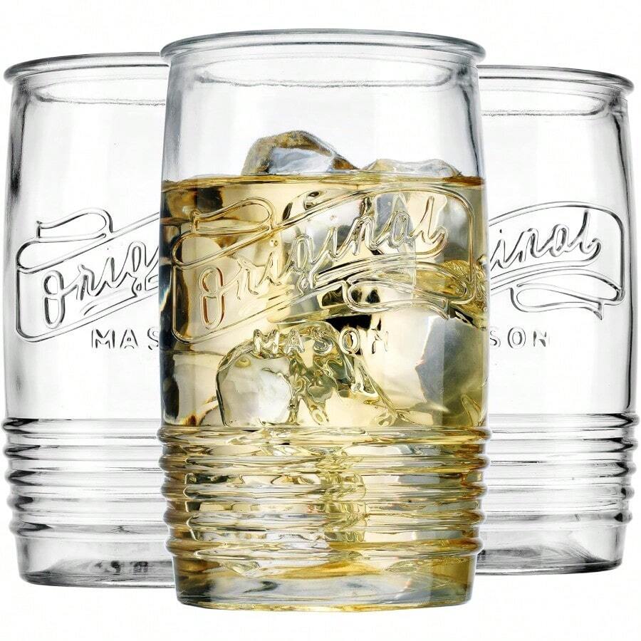 Set Of 8 Tumbler Glass Cups 20 OZ Mason Stemless Tall Drinking Glasses For Everyday Use Modern Yet Vintage Original Mason Logo Glassware For Bar Water Beer Juice. - 20盎司 - 查看 1