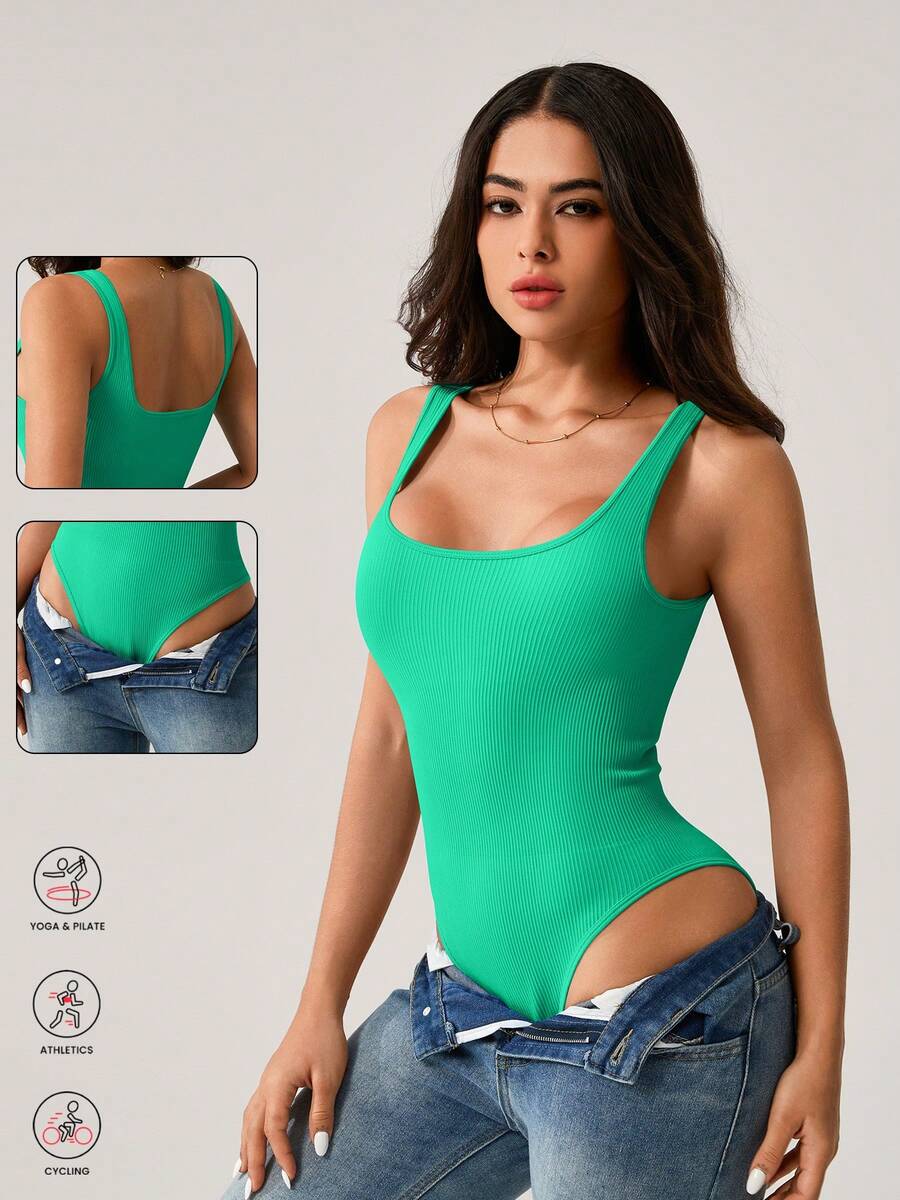 NcmRyu Women's Solid Color Seamless Ribbed Romper - Sleeveless, Comfortable Breathable Slim-Fit Jumpsuit For Yoga, Workout, Exercise & Casual Wear - 綠色 - 查看 1