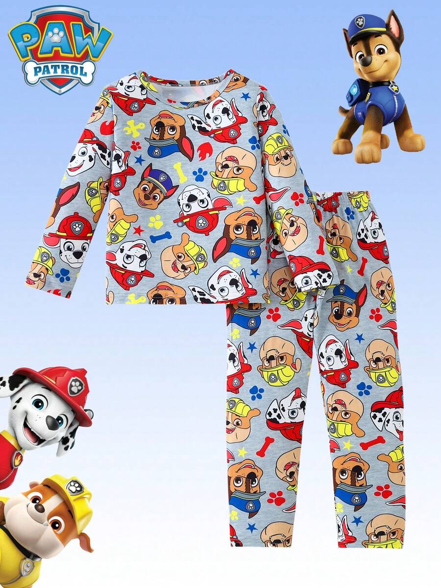 2 件 Paw Patrol 男童睡衣套装，可爱卡通全身印花灰色圆领长袖 T 恤和裤子，男童秋冬睡衣套装，适合日常休闲和节日礼物 - 灰色 - 查看 1