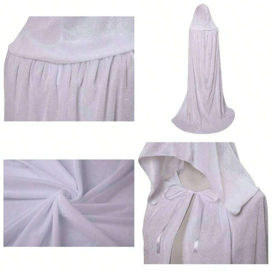 Unisex Full Length Hooded Robe Long Velvet Cape Cosplay Costume 59 Inch - 白色 - 查看 1