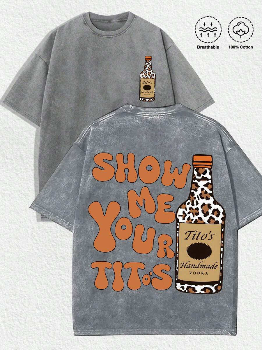 1 PCS Small Tito's Vodka Bottle Graphic (Leopard - Print), Back "SHOW ME YOUR TITOS" Lettering (Retro - Style Font) & Large Tito's Vodka Bottle Graphic (Leopard - Print), 100% Cotton Breathable Apparel Suitable For Men, Women, Vodka Enthusiasts, Streetwear Lovers, Edgy Fashion Aficionados, Party - Goers, Perfect For Casual Daily Wear, Street Style Outings, Parties, Hangouts With Friends, Music Festivals & Urban Fashion Occasions - Xám - Xem 1
