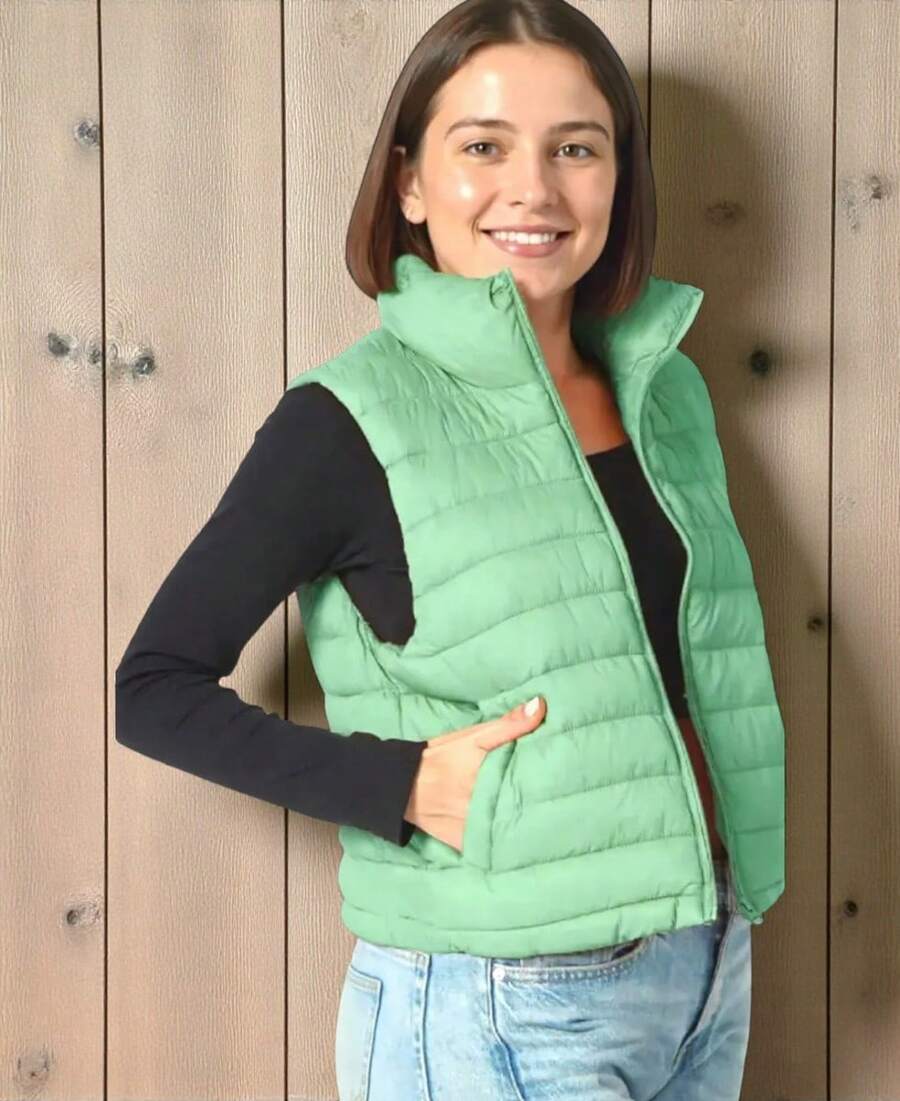 CHALECO ACOLCHADO LIGERO SIN MANGAS CON CUELLO ALTO PARA MUJER - Verde - Ver 1