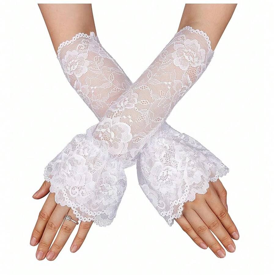 L'VOW 2Pcs Gothic Black Lace Feather Long Gloves For Women Halloween Witch Costume Swan Wristband Cuff{"Color_name":"Lace-White"} - 蕾絲白 - 查看 1