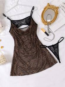 2 件豹纹性感内衣套装，镂空吊带睡袍和内裤，Rave - 彩色 - 查看 11