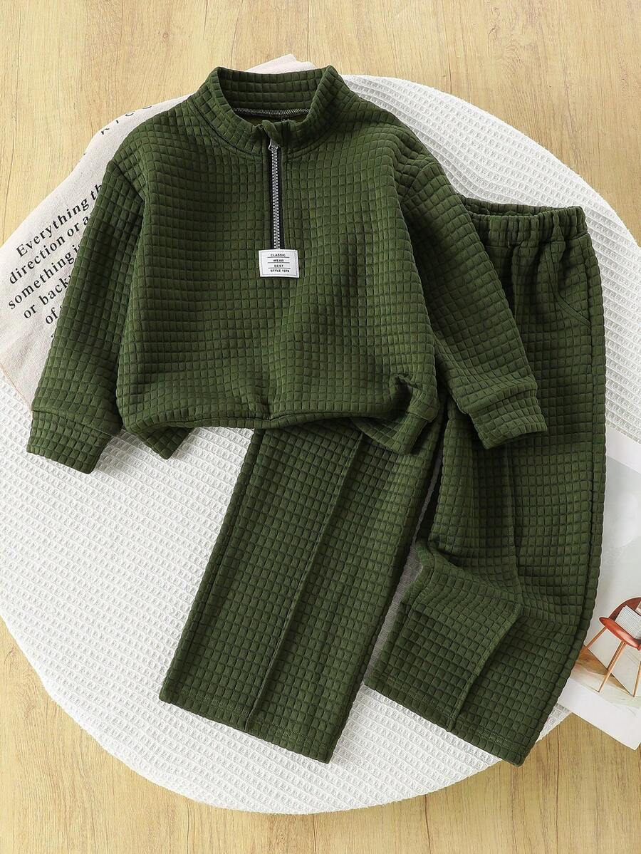 两件套女童休闲街头服饰,针织长袖上衣搭配阔腿裤,纯色格子套装,适合室内外休闲穿着。 - 軍綠色 - 查看 1