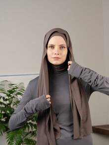 Set hijab pentru femei, 1 buc., culoare solidă, material tricotat, confortabil și respirabil, eșarfă și glugă pentru acoperire completă, șal ușor și versatil, potrivit pentru femeile musulmane pentru rochie - Maro ruginiu - Vizualizare 4