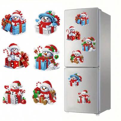 6 piezas Imanes de nevera de Pintura de Diamantes - Diseño de Muñeco de Nieve Navideño, Kit de Pintura de Diamantes DIY, Efecto Asimétrico Brillante de Diamantes, Adecuado para Decoración del Hogar y Regalos de Navidad