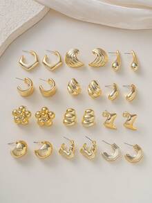 2025 秋冬 12 对金色几何圆形、不对称、波浪形、水滴形、螺旋形、堆叠球形耳环套装 - 适合节日、派对和日常佩戴 - 金色 - 查看 2