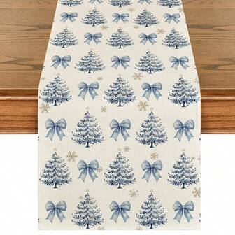 1pc/60pcs Blue Christmas Tree Bow Pattern Linen Table Runner, Seasonal Kitchen Dining Table Decor, Christmas Party Decoration, Home Decor