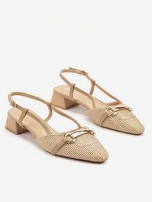 Women's Tweed Slingback Heels With Metallic Accent - Casual, Work/Office, Summer - Beige - View 5