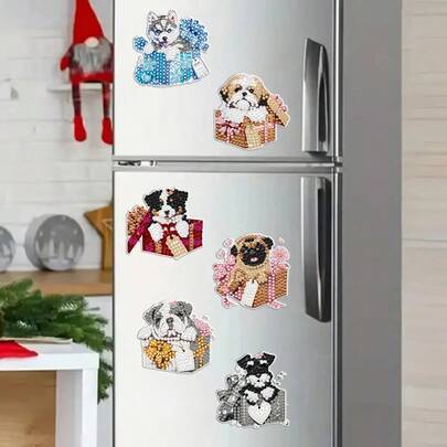 6 piezas Kit de Pintura de Diamantes - Lindo Cachorro en Caja de Regalo - Imanes de Nevera Hechos a Mano Multicolor, Pegatinas para Coche y Nevera con Accesorios de Decoración DIY Fáciles, Regalos Adorables de Halloween y Navidad, Diamantes Brillantes