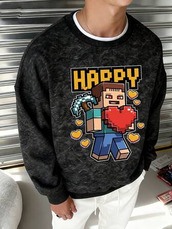 Teenager Jungen Kleidung, Pixel-Stil Charakter hält ein rotes Herz bedrucktes Muster, Lässig Stil, Rundhals Sweatshirt, geeignet für Herbst und Winter, geeignet für Studenten zum täglichen Tragen, Partys, Schule, Musikfestivals besuchen, Urlaub, Pendeln. Kann als Geschenk an Familie, Freund, Freundin, Freunde gegeben werden.