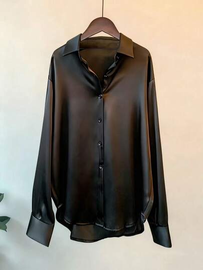 Plus-Size Women's Solid Color Casual Luxury Loose Version Long-Sleeved Shirt, Winter Party Style. Women's Elegant And Changeable Draping Retro Black Long-Sleeved Satin Top, Elegant Style In All Seasons, Suitable For Daily Airport Office Wear Halloween Christmas New Year Thanksgiving Party Street