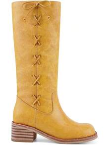 Women's Knee High Chunky Block Heel Square Toe Low Heel Boots, Style - Lace Yellow - View 2