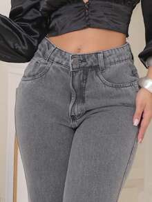 Gaven Women's Wide Leg 100% Jeans, Premium Thick Marbled Fabric, High Waist - Xám - Xem 6
