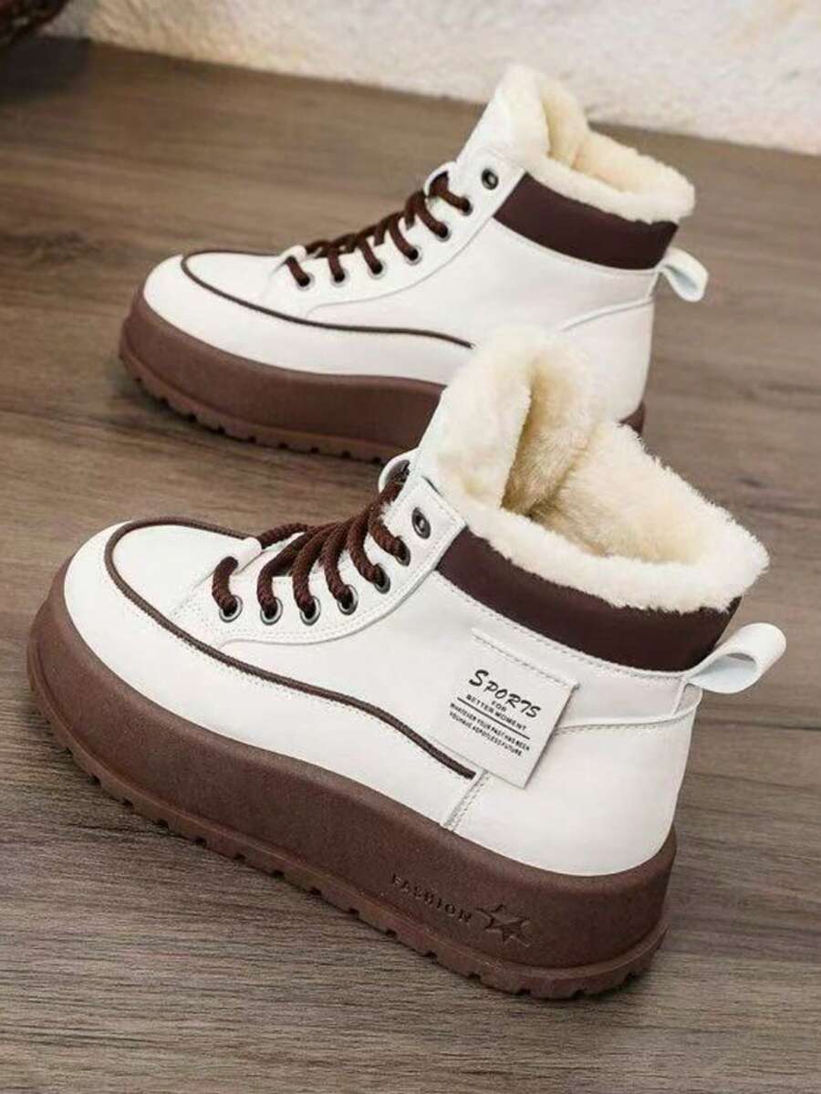 أحذية رياضية عالية الكعب مبطنة بالحرارة بطراز رجعي للنساء، أحذية كاجوال دافئة مع أربطة وحلقات معدنية