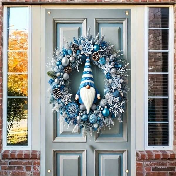 1pc Polyester Christmas Wreath Banner With Blue Gnome, Multipurpose Holiday Door Hanging Decor, No Electricity Required