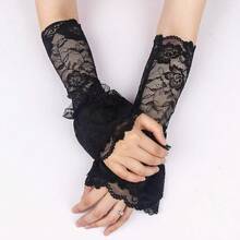 L'VOW 2Pcs Gothic Black Lace Feather Long Gloves For Women Halloween Witch Costume Swan Wristband Cuff{"Color_name":"Lace-Black"} - 蕾絲黑 - 查看 8