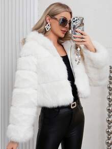 优雅女士白色时尚保暖仿毛皮连帽常规长度长袖外套，适合冬季圣诞节和新年假期 - 白色 - 查看 5