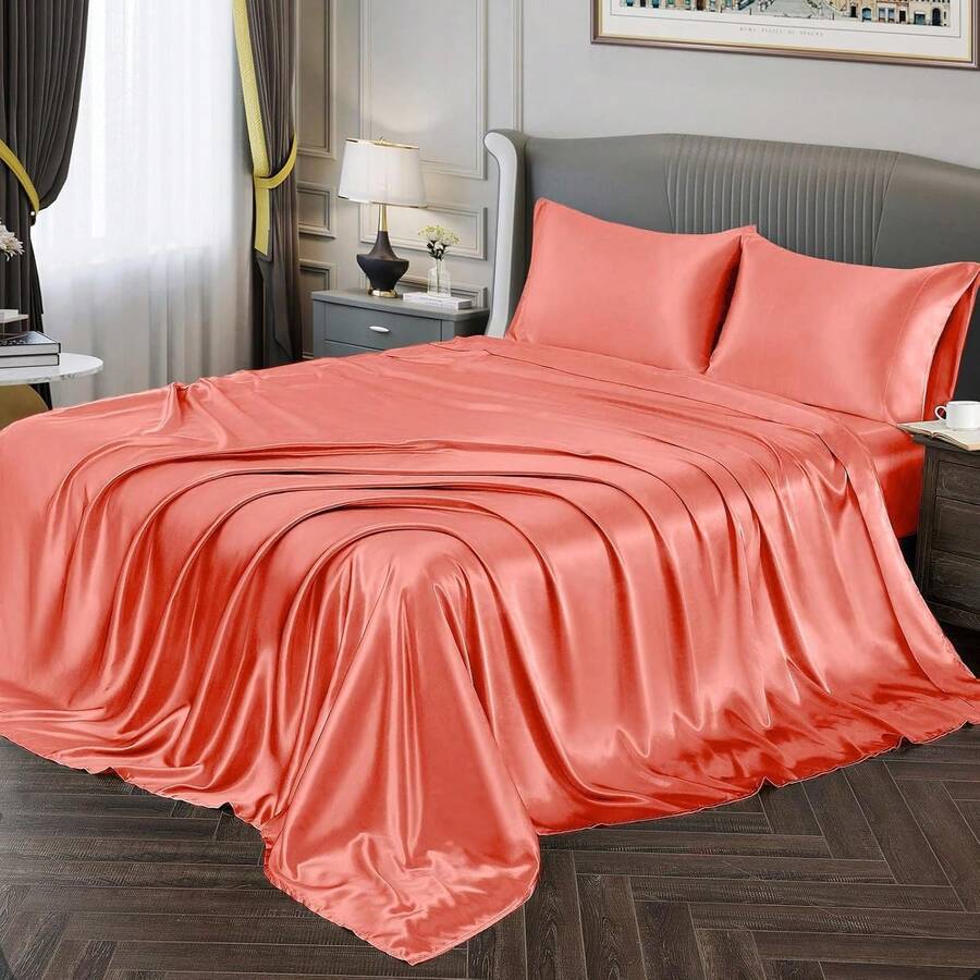 Silky Soft Pink Twin XL Satin Bed Sheets Set, 1 Deep Pocket Fitted Sheet + 1 Flat Sheet + 1 Pillowcase, In 2025 - Coral - 查看 1