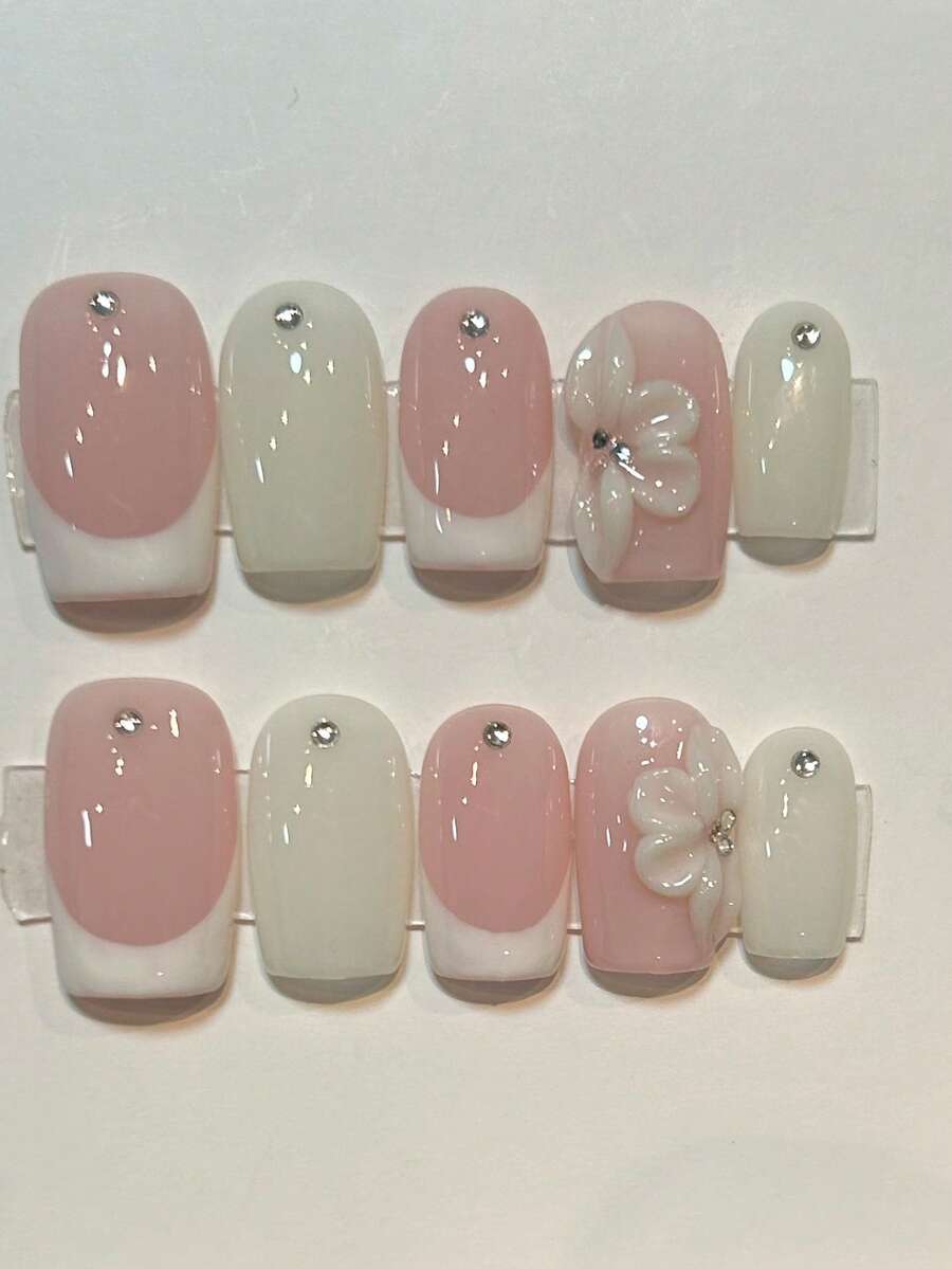 10片天然乳白色雕刻美甲贴纸，手工全覆盖法式方形中长款，3D立体花卉设计，亮面，粉白相间，鸭嘴造型，优雅度假风，3D立体雕刻花卉时尚美甲，适合女性和女孩日常及派对佩戴，全覆盖式按压美甲，长款美甲用品，手工按压美甲