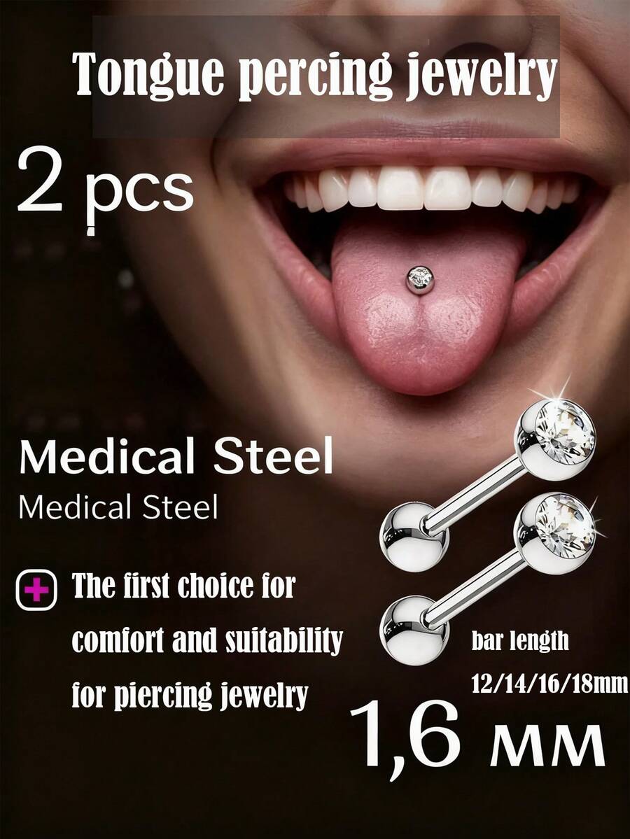 2pcs 14G Tongue Rings & Nipple Rings, 316L Stainless Steel Straight Barbell 12mm-18mm Body Piercing Jewelry
