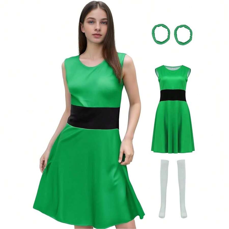 Poboola Buttercup Costume Adult Blossom Bubbles Costumes Dress Women's Halloween Ladies Character Cartoon With Accessories{"Color_name":"Green","Size_name":"Large"} - màu xanh lá - Xem 1