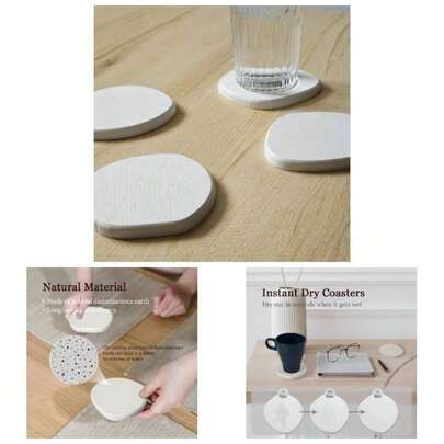Instant Dry Stone Absorbent Diatomite Coaster Set Of 4 Drinks Wine Coffee, Modern Unique Cup Diatomaceous Earth Coasters Coffee Table Office Desk, White