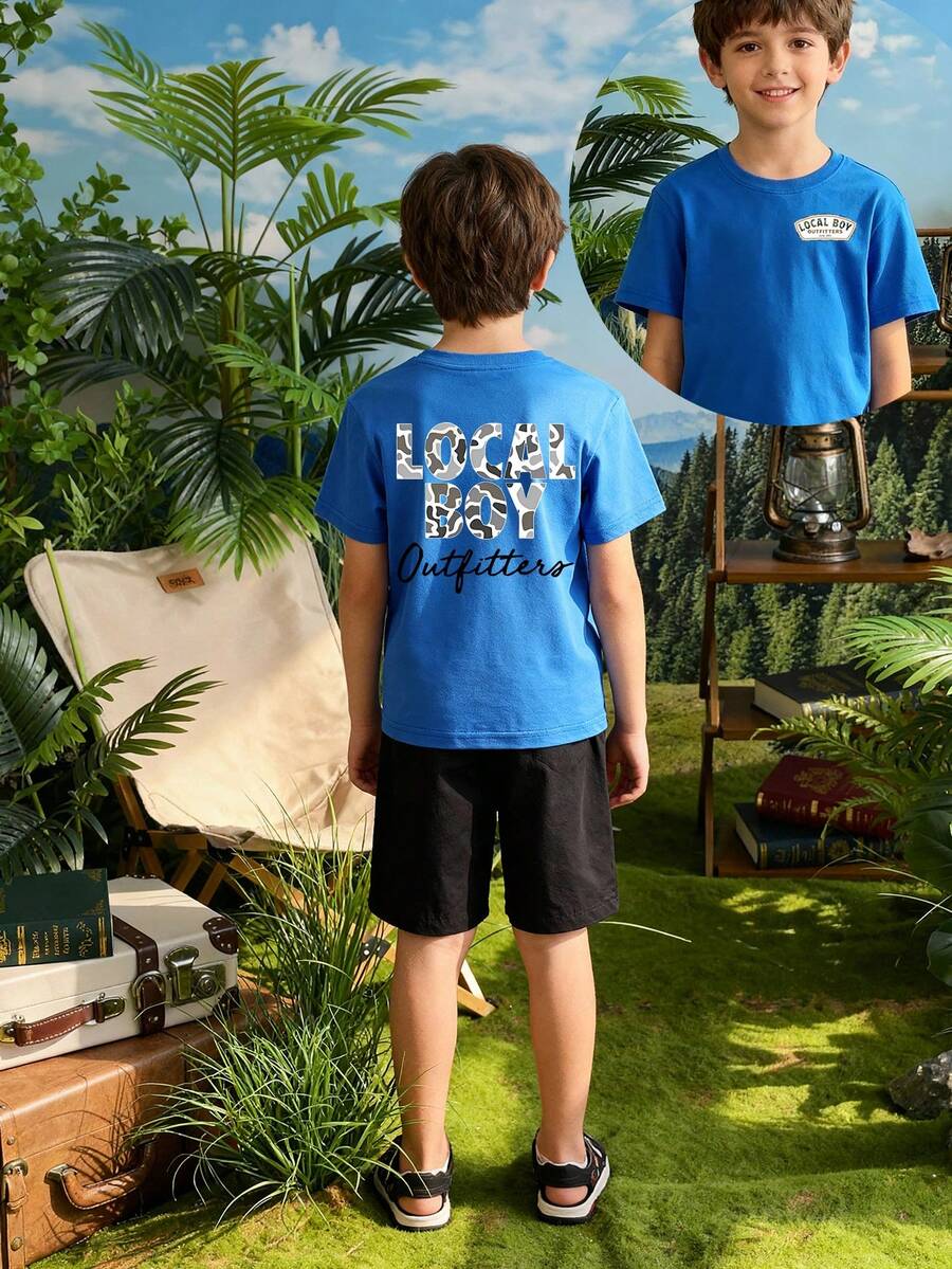 Men's Children's Black T-Shirt With Camouflage Dog Small Print On The Front Chest, And Local Boy Letter Camouflage Dog Moon Pattern Print On The Back. A Casual Boys' Short-Sleeved Shirt Suitable For Daily School Wear, Boys' T-Shirt. - 藍色1 - 查看 1