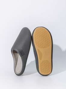 女士防水 PU 皮革拖鞋，防滑软底室内卧室休闲拖鞋，奢华款男女通用秋冬款 - 灰色 - 查看 2