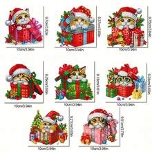 8 piezas Kit de pintura de diamantes, Lindo gatito con tema navideño - Imanes de nevera hechos a mano multicolor, Pegatinas para coche y nevera con accesorios de decoración DIY fáciles, Regalo adorable de Halloween y Navidad, Diamantes brillantes