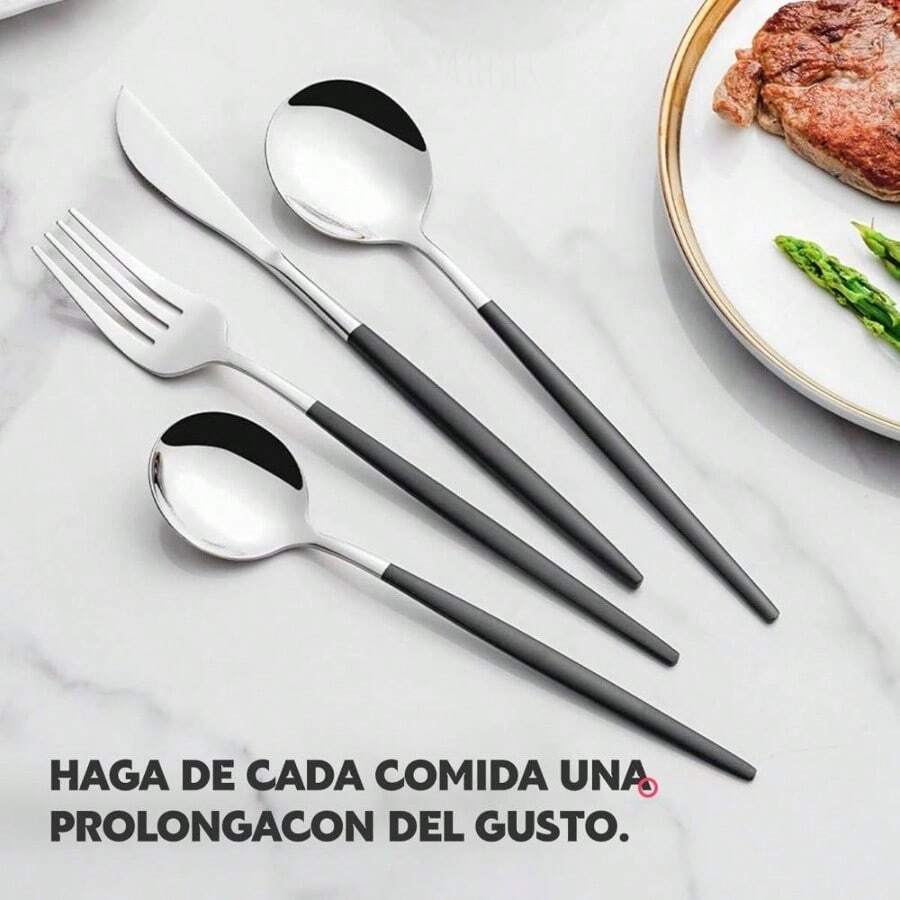 24 Piezas Cubiertos De Acero Inoxidable, Juego De Cubiertos Para 6, Cubiertos Profesionales Con Cuchillos, Tenedores y Cucharas Resistente Al Lavaplatos! Para Casa, Restaurante o Viaje Oro - Nergo y Plata - Ver 1