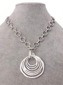 1 Piece Silver/Matte Gold Color Large Open Hollow Multi-Layer Asymmetrical Round Circle Pendant Chunky Chain Statement Necklace Suitable Women's Daily Wear 18+2 Extend Chain ZQED - Silver and Gold - View 3