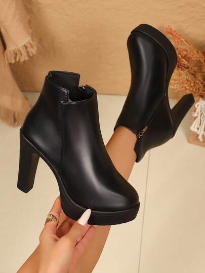 1 Pair Black Solid Western Style Casual Side Zipper Women's Black Leather High Heel Ankle Boots, Office Wear, Autumn/Winter