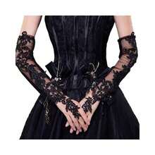 Long Lace Fingerless Elbow Gloves - Sheer Mesh Tulle Opera Wedding Gloves For Prom Dance Costume Party{"Size_name":"20\"","Color_name":"Black"} - Black - 查看 1