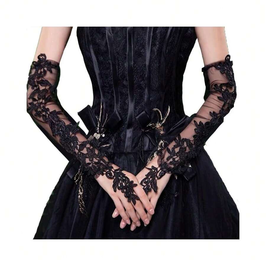 Long Lace Fingerless Elbow Gloves - Sheer Mesh Tulle Opera Wedding Gloves For Prom Dance Costume Party{"Size_name":"20\"","Color_name":"Black"} - Black - 查看 1