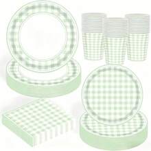 Set Vajilla Elegante para Fiestas de Cumpleaos con Diseo de Cuadros Azul Claro y Blanco - 20 Platos 9 20 Platos 20 Vasos de Papel, 20 Servilletas Verde - verde - Ver 2
