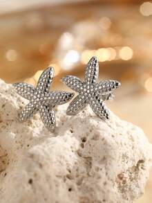 2pcs Minimalist Stainless Steel Starfish Design Earrings For Women, Suitable For Daily, Vacation, Date, Couple Gift