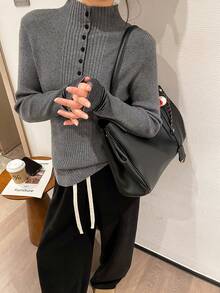 女式灰色高领长袖针织毛衣，修身版型，可叠穿或作为外套，秋冬 - 灰色 - 查看 2
