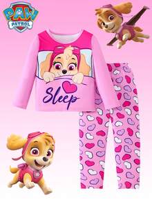 2 件 Paw Patrol 女童睡衣套装，可爱卡通印花长袖 T 恤和裤子，秋冬女童睡衣套装，适合日常休闲，节日礼物