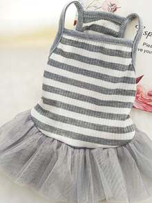 holdhoney Polyester Mesh Dress, Gray-White Striped Gauze Dress, Summer Thin, Soft And Skin-Friendly, Cat And Dog Pullover Dress, Cute And Casual, Elegant, Small Dog Clothing, Princess Strap, Spring And Autumn Tank Dress, Suitable For Cat And Dog Owners For Outdoor Travel Dressing Clothes.
