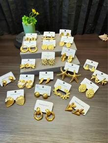 16 Pairs - 18K Gold-Plated Stainless Steel Earrings - Featuring A Variety Of Leaves, Flowers, Shells And Geometric Patterns, Suitable For Daily Wear And As Gifts. Valentine's Day Accessories - Elegant Earrings - Durable Earrings