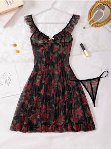 2 件套全新网眼花卉印花性感内衣套装，细肩带娃娃裙和内裤 - 黑色 - 查看 8