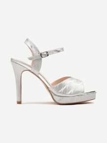 Platform High Heel Sandals With Abstract Pattern - Silver - View 3